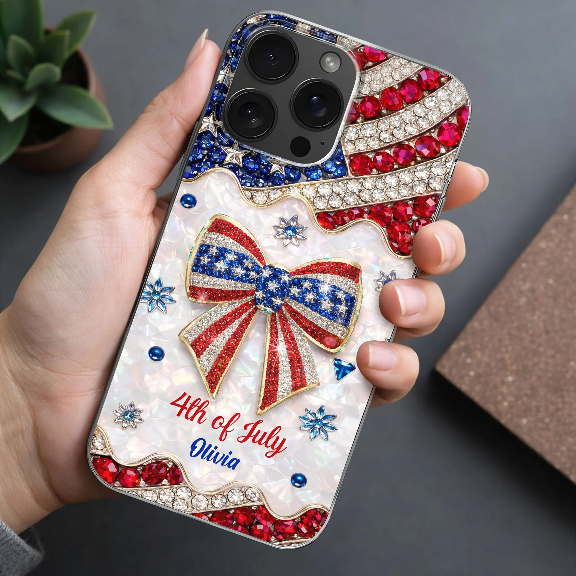 Bling Rhinestone American Flag 4th of July - Personalized Phone Case - Gift For Patriotic Women - Image 5