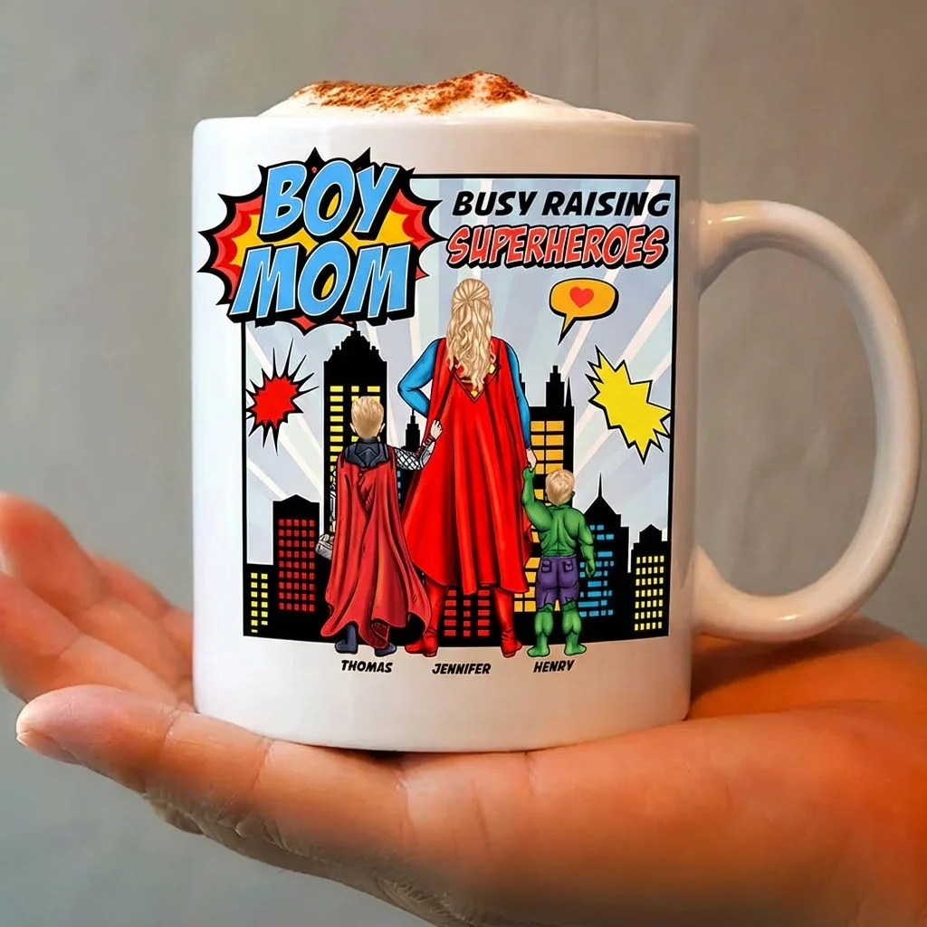 Boy Mom Busy Raising Superheroes - Personalized Ceramic Mug - Gift For Mom - Image 2