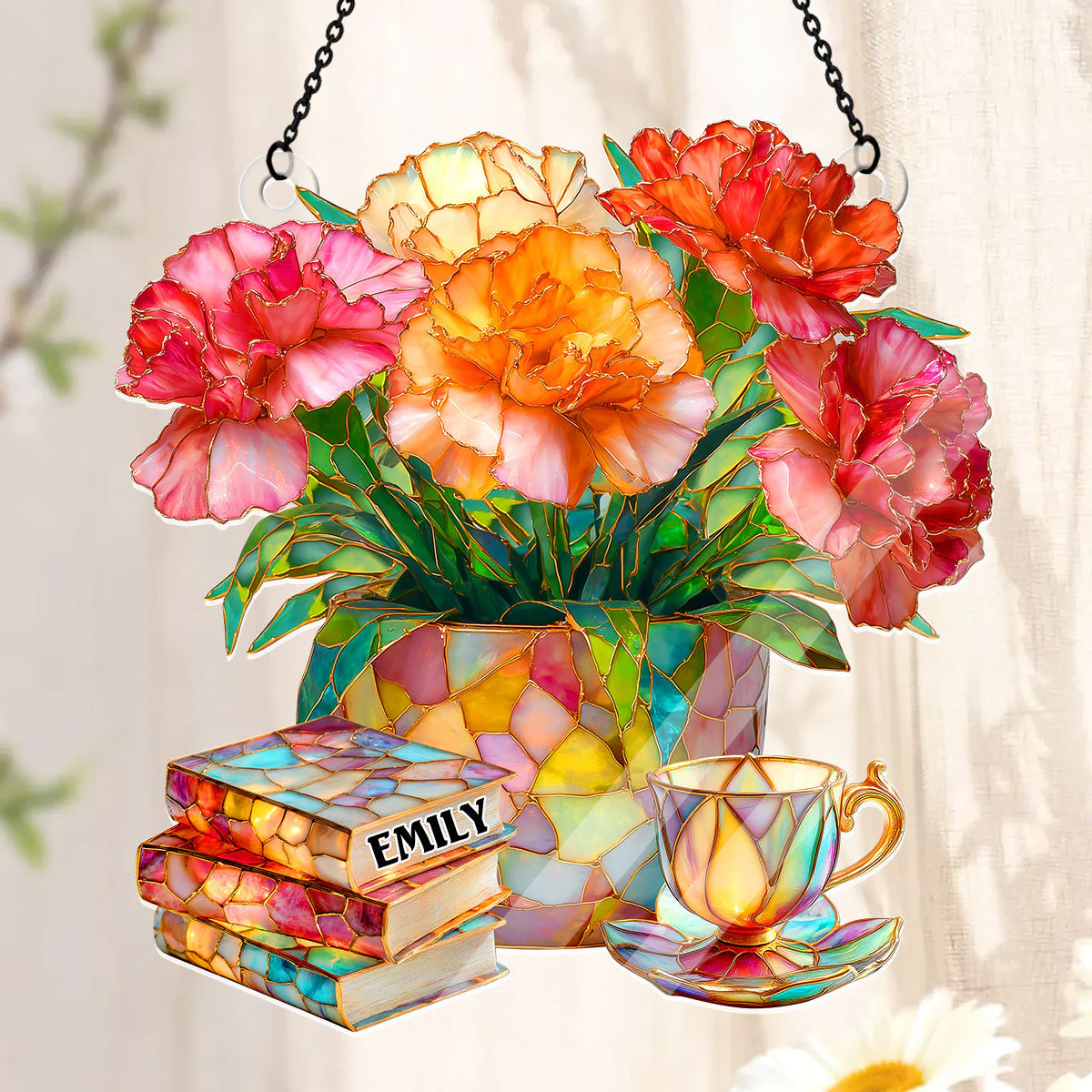 Carnation, Books, And Tea - Personalized Acrylic Suncatcher - Gift For Book Lovers, Her | HH01 - Image 3