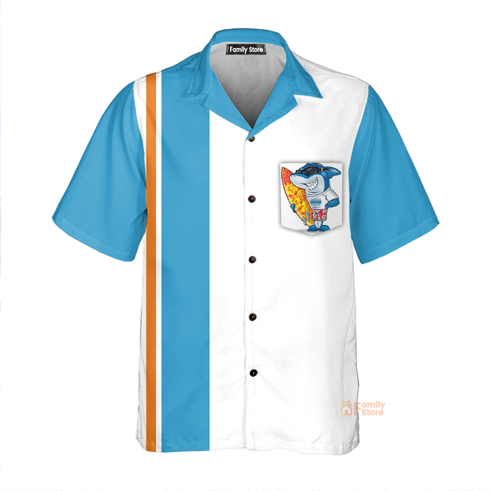 Cartoon Retro Surf Shark Chest Pocket Short Sleeve Hawaiian Shirt - Image 2