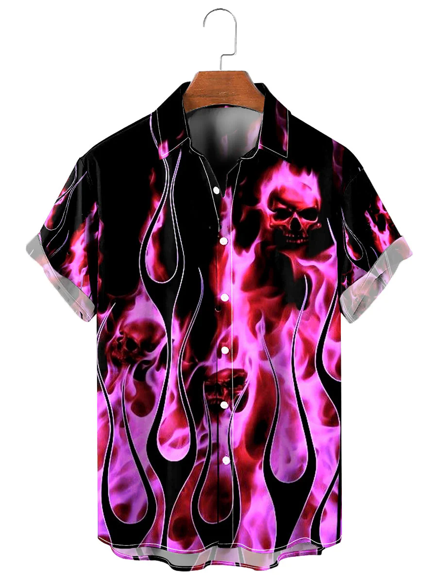 Casual Green Flame Skull Print Aloha Shirt - Image 6