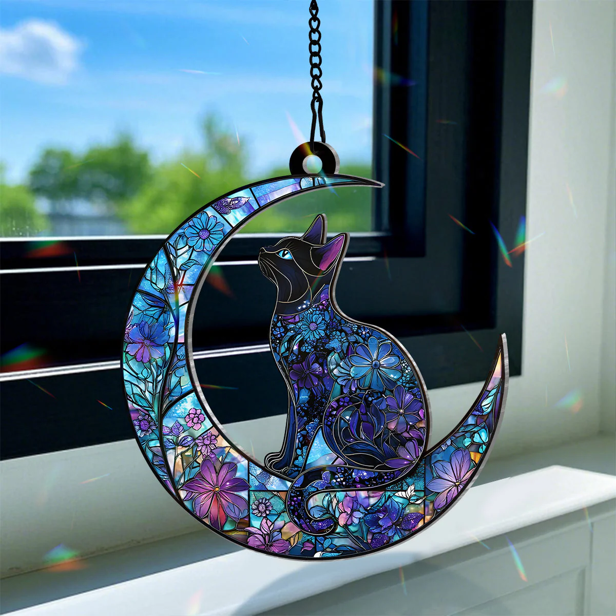 Cat Book On The Moon - Personalized Window Hanging Suncatcher - Image 5
