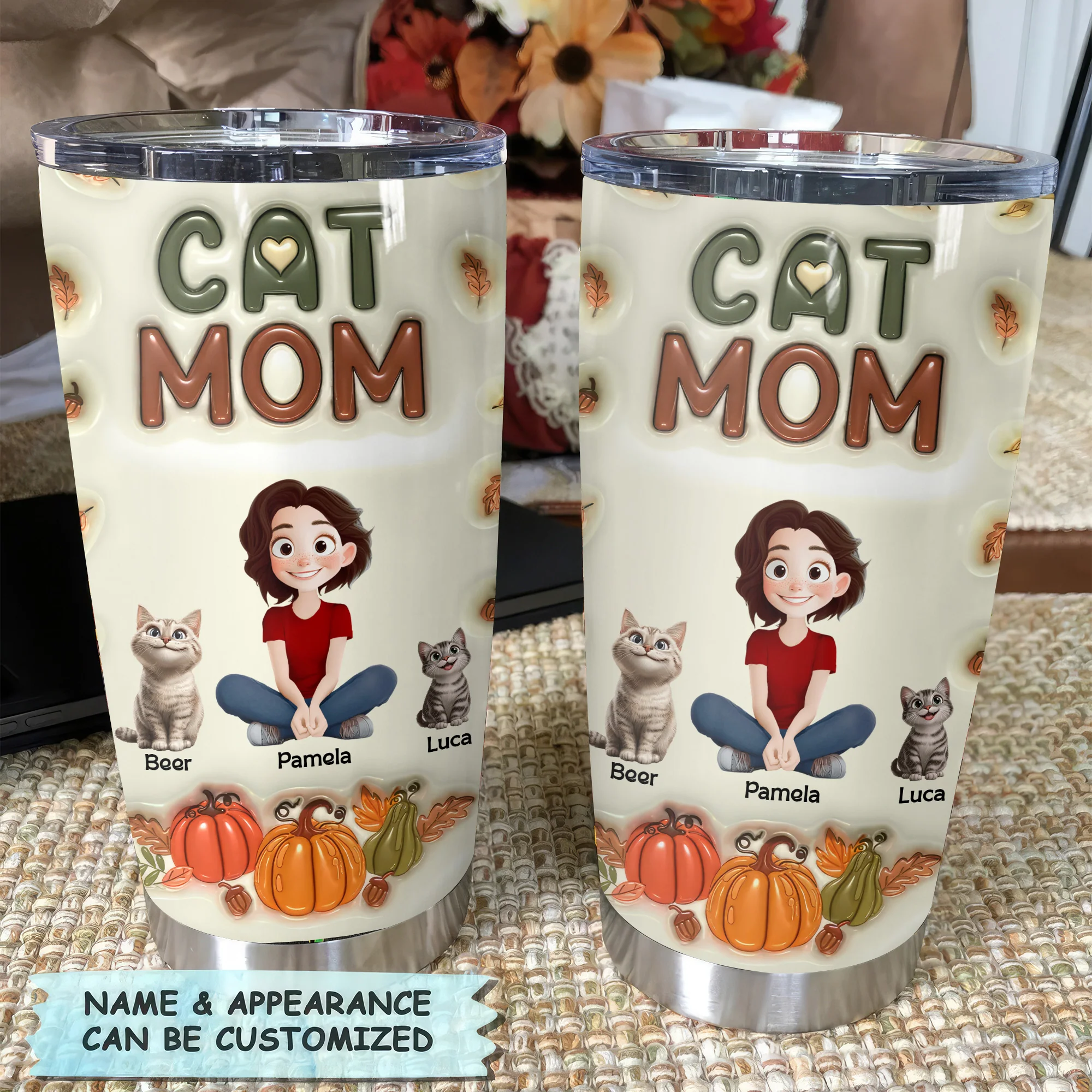 Cat Mom Autumn Version Pumpkin Pattern 3D Inflated Effect Cartoon Cat - Personalized Tumbler Cup - Gift for Pet Owners, Pet Lovers, Cat Mom | CLP15 NH96 - Image 2