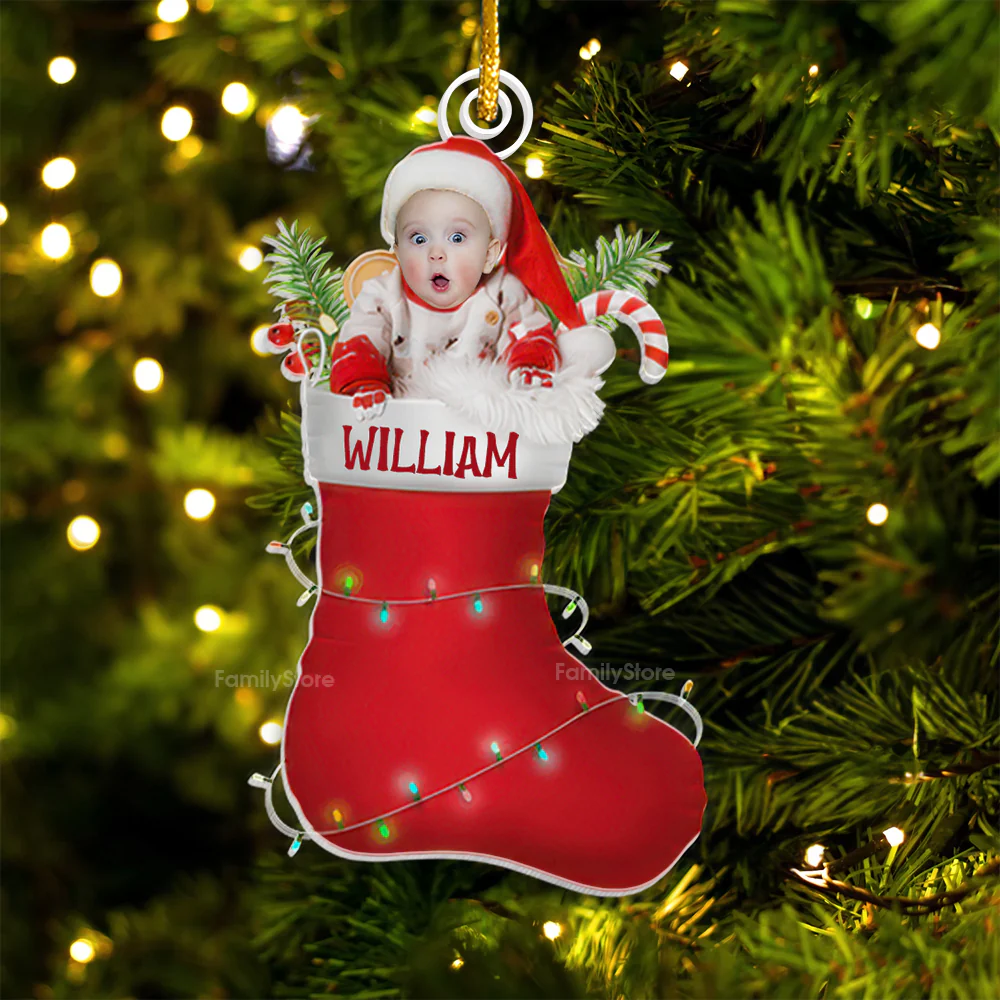 Custom Photo Christmas Baby In The Cute Sock - Gift For Mom, Dad, Baby - Personalized Acrylic Ornament NA94 - Image 4