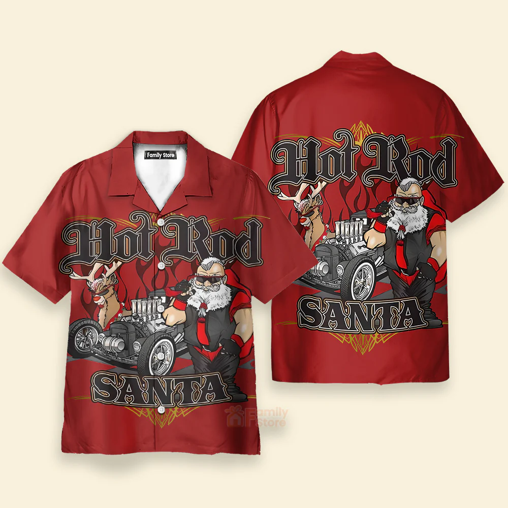 Christmas Fun Hot Rod Santa Car - Hawaiian Shirt - Image 3