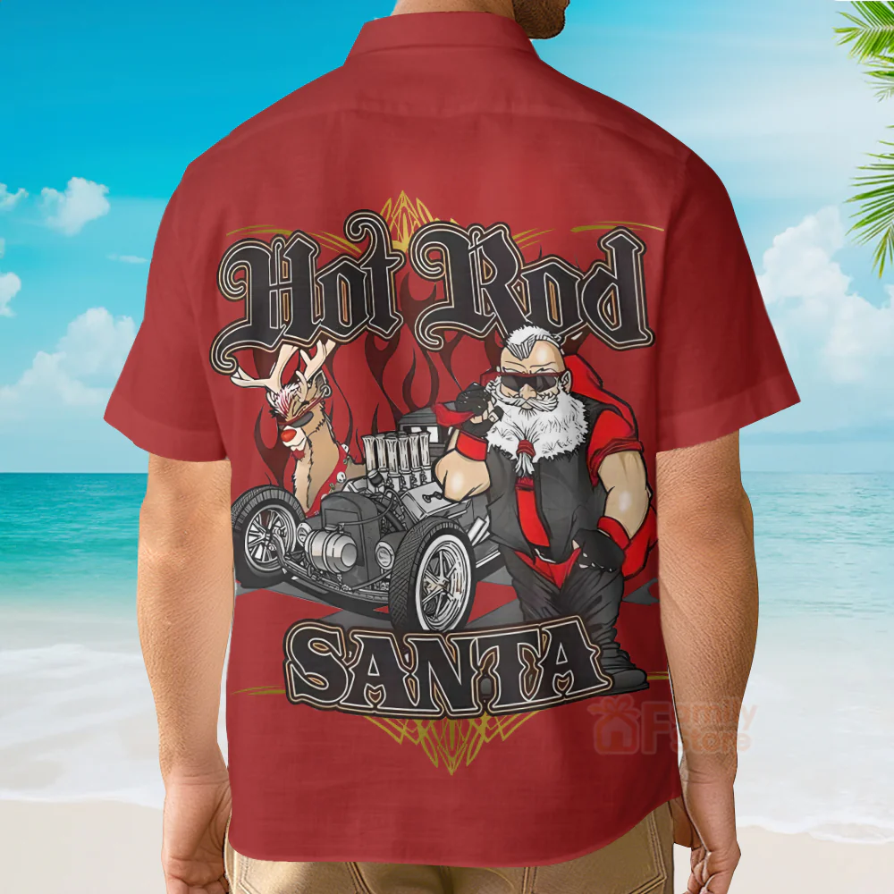 Christmas Fun Hot Rod Santa Car - Hawaiian Shirt - Image 4