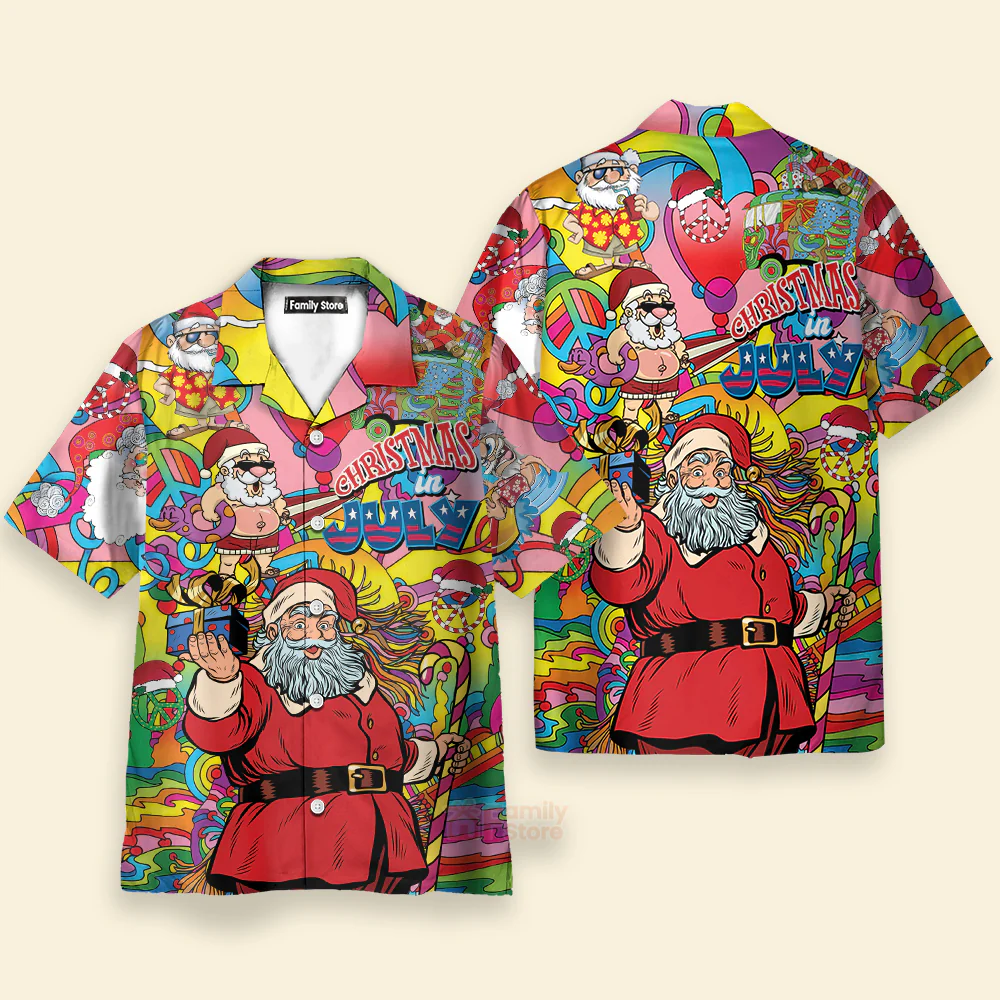 Christmas In July Santa Hippie Sending Gift In Summer Hawaiian Shirt - Image 2