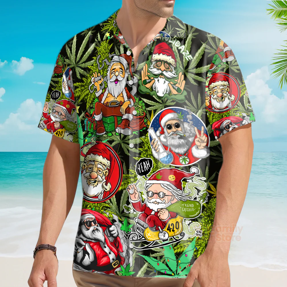 Christmas Weed Smoking Santa Hippie Hawaiian Shirt - Image 3