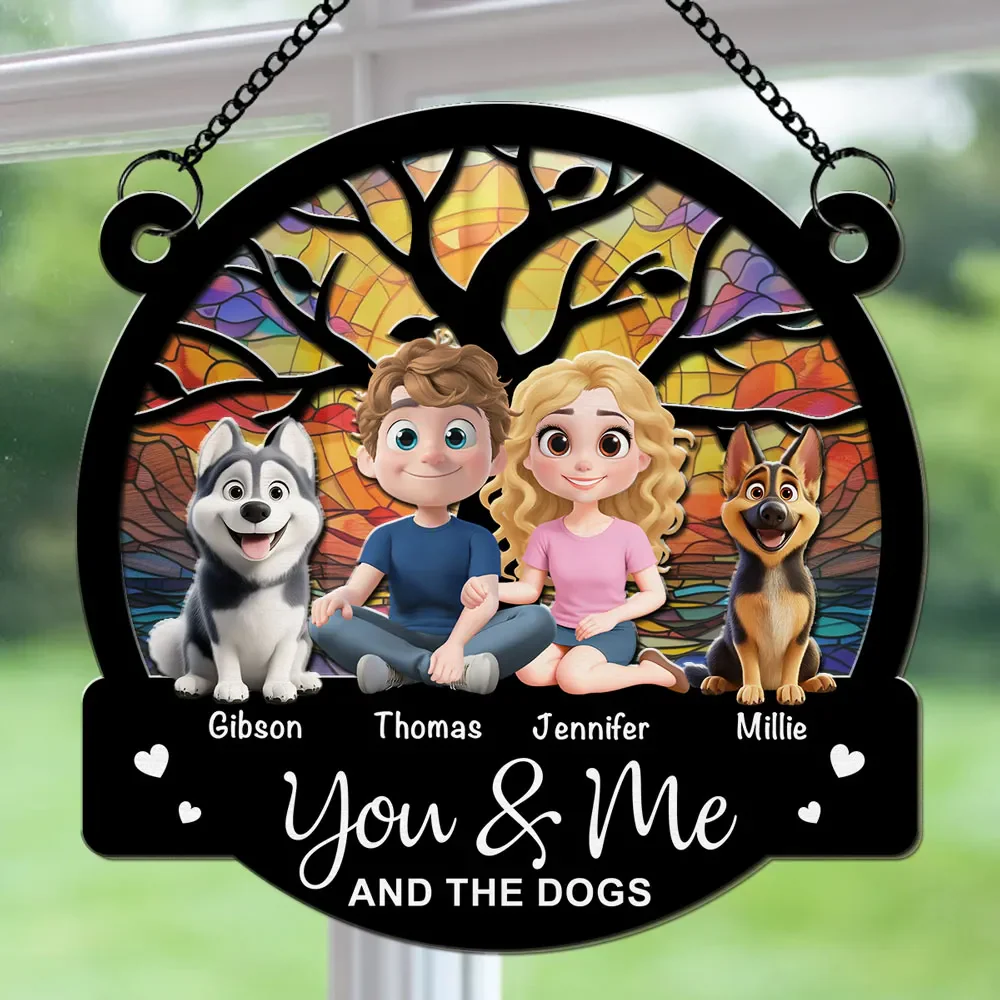 Couple And Their Dog - Personalized Custom Windown Suncatcher - Gift for Pet Owners, Pet Lovers, Dog Mom | CLP15