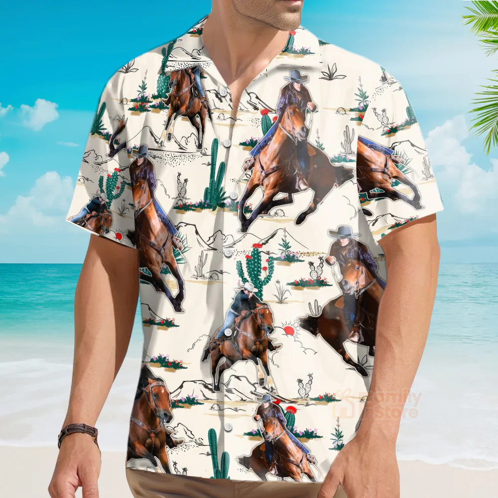 Custom Photo Cowboy Barrel Racing Tropical Desert - Personalized Hawaiian Shirt - Image 4