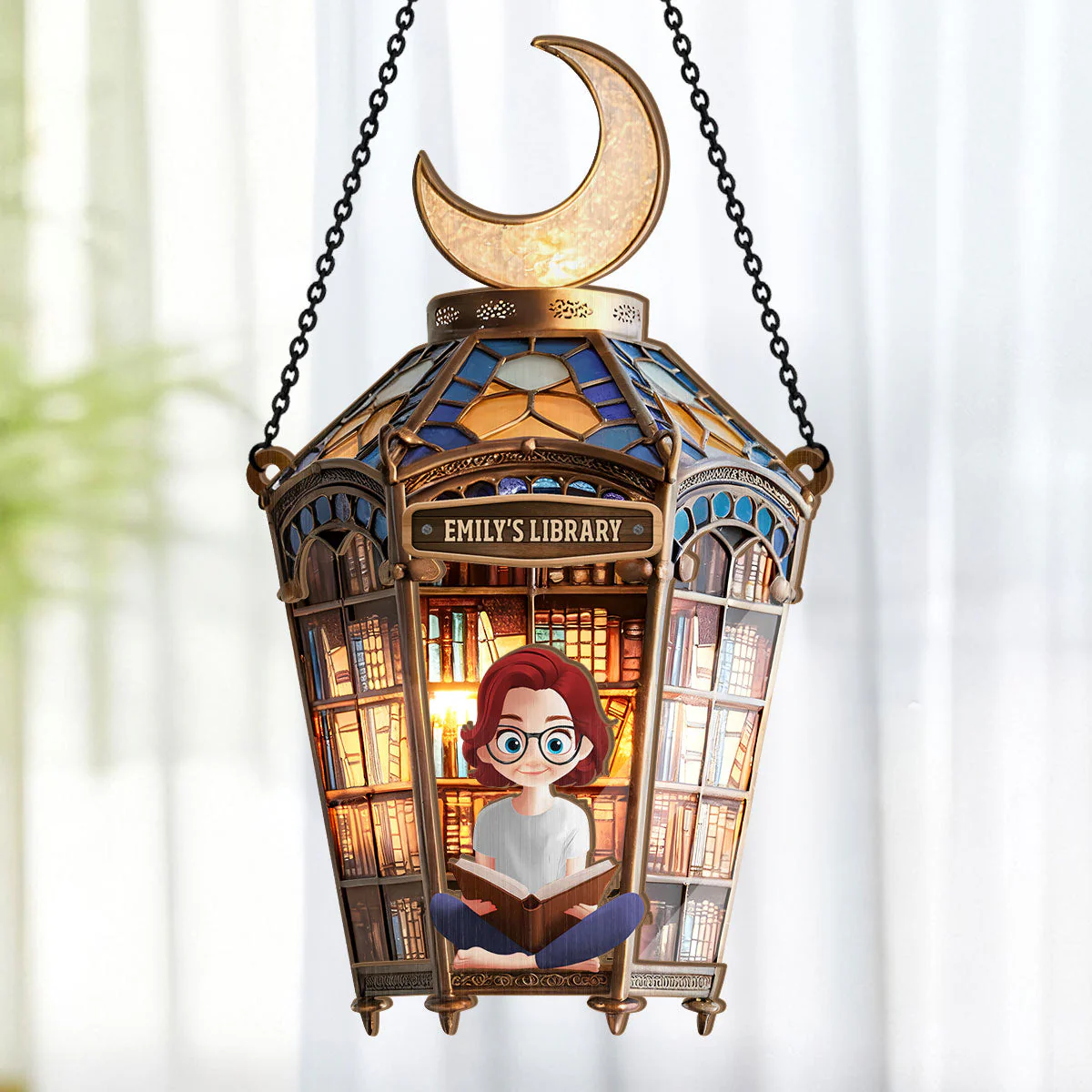 Crescent Moon Old Library - Personalized Window Hanging Suncatcher | CLB2 - Image 4