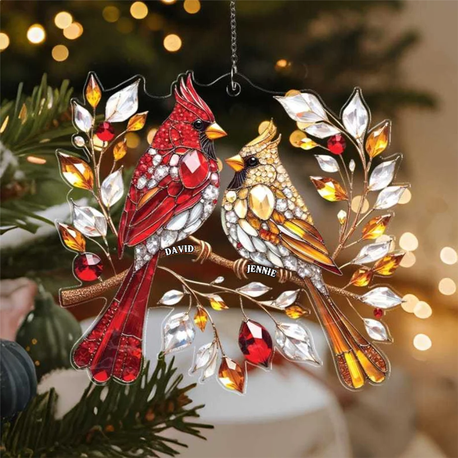 Crystal Red Cardinal Bird Couple - Personalized Windown Hanging Suncatcher - Christmas Gift For Family, Memorial Human HH01