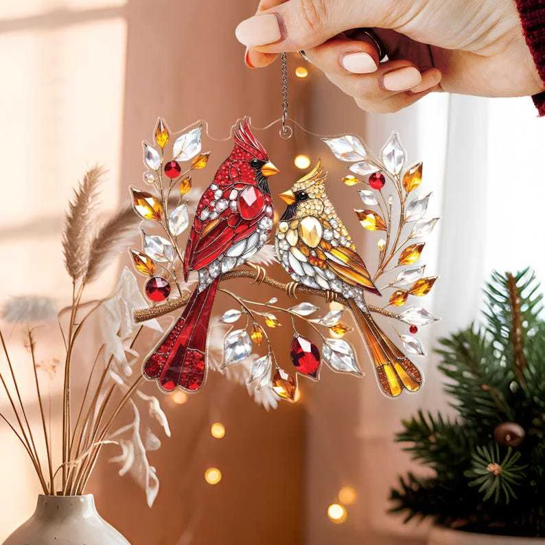 Crystal Red Cardinal Bird Couple - Personalized Windown Hanging Suncatcher - Christmas Gift For Family, Memorial Human HH01 - Image 4