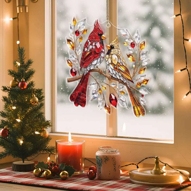 Crystal Red Cardinal Bird Couple - Personalized Windown Hanging Suncatcher - Christmas Gift For Family, Memorial Human HH01 - Image 6