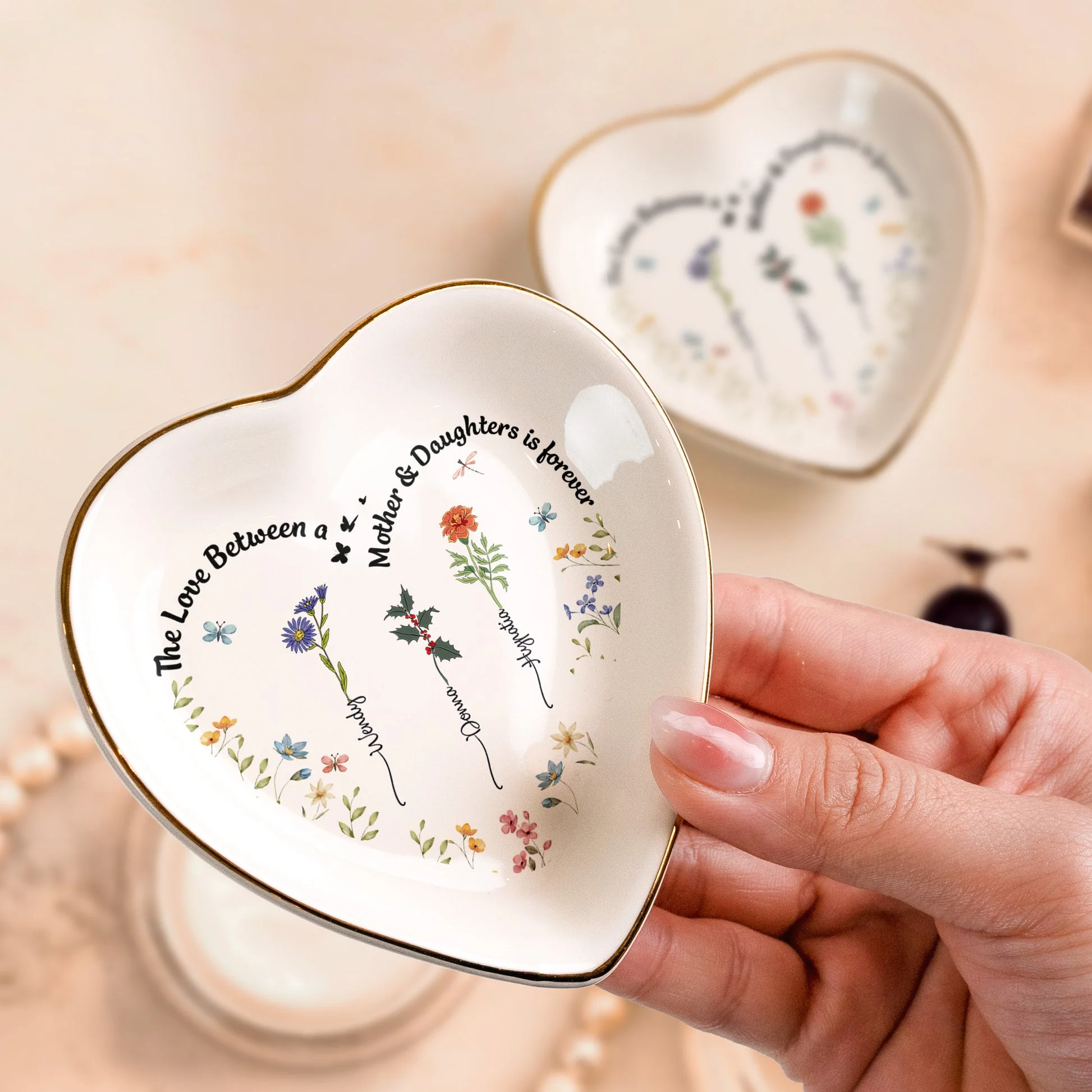 Custom Birth Flowers The Love Between A Mother & Daughters - Personalized Jewelry Dish - Gift For Mom, Mothers Day NA94 - Image 3