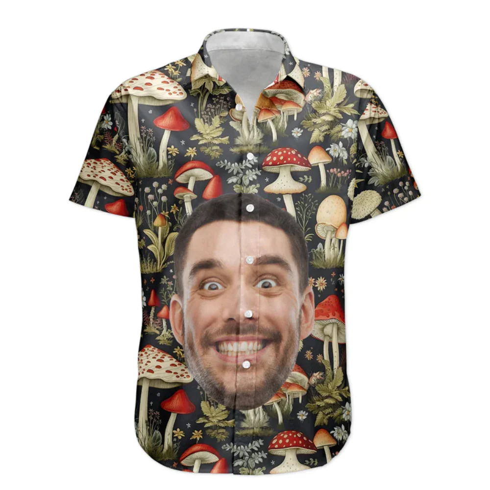 Custom Face Photo Funny With Magic Mushrooms Pattern - Personalized Hawaiian Shirt - Image 3