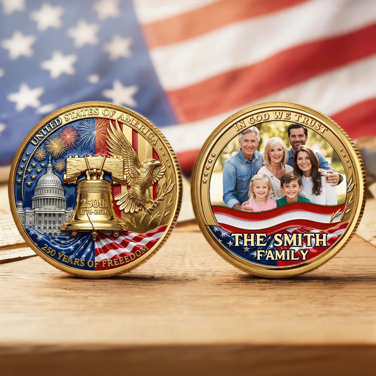 Custom Family Photo In God We Trust USA 250th Freedom - Personalized Commemorative Coin - Gifts For Patriotic Family