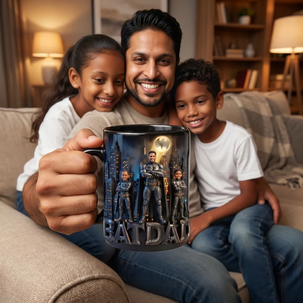 Custom Family Photo Superhero BatDad - Personalized Color Changing Mug - Gift For Dad - Image 2