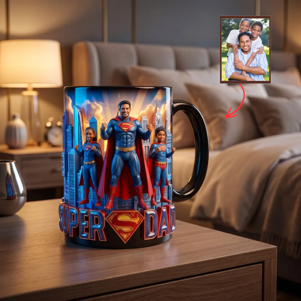 Custom Family Photo Superhero Dad - Personalized Color Changing Mug - Gift For Dad
