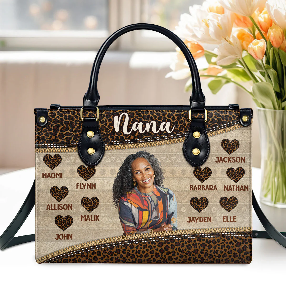 Custom Grandma Photo With Names & Hearts - Personalized Leather Bag - Gift For Mom, Grandma