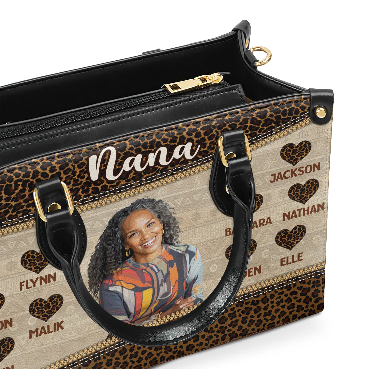 Custom Grandma Photo With Names & Hearts - Personalized Leather Bag - Gift For Mom, Grandma - Image 4