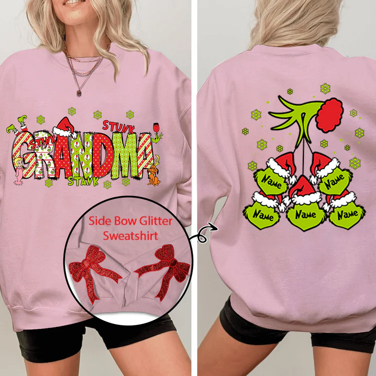 Custom Name Side - Gift For  For Grandma And Kids - Personalized Bow Red Glitter Embroidered Sweatshirt - NH96 - Image 3