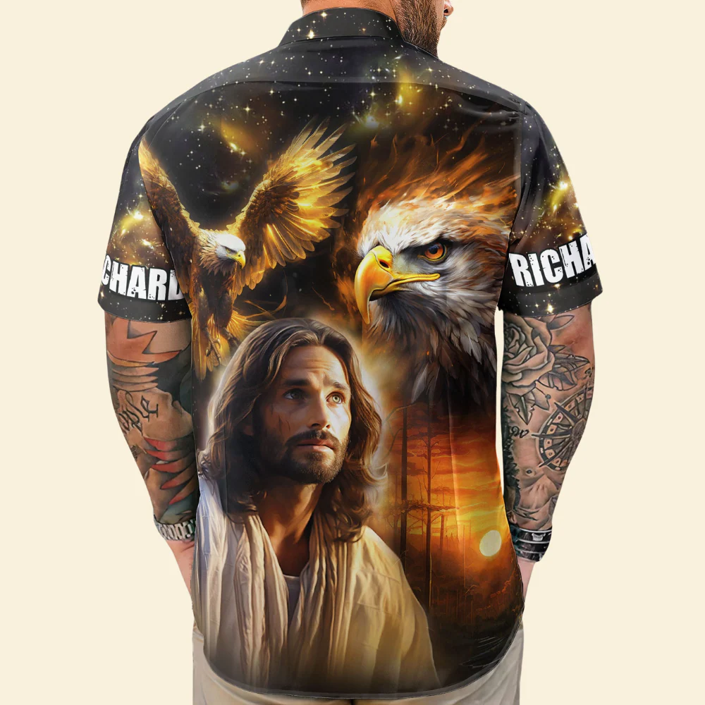 Custom Name US Eagle One Nation Under God Jesus - Personalized Hawaiian Shirt - Image 2