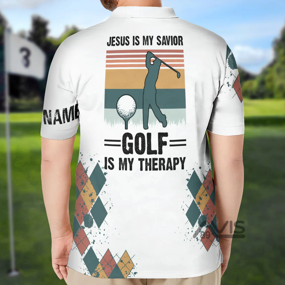Jesus Is My Savior Golf Is My Therapy Men Golf - Personalized Polo Shirt - Image 3