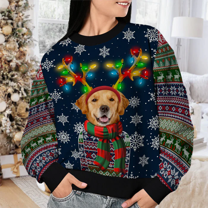 Custom Photo A Pet In Christmas Costume With Colorful Reindeer Antlers - Personalized Ugly Sweater - Christmas Gift For Pet Owners, Pet Lovers NH96 - Image 2