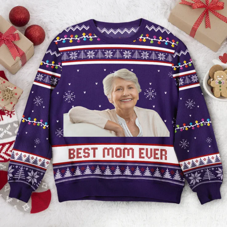 Custom Photo Best Mom Ever - Gift For Mom Grandma - Personalized Ugly Sweatshirt - Image 3