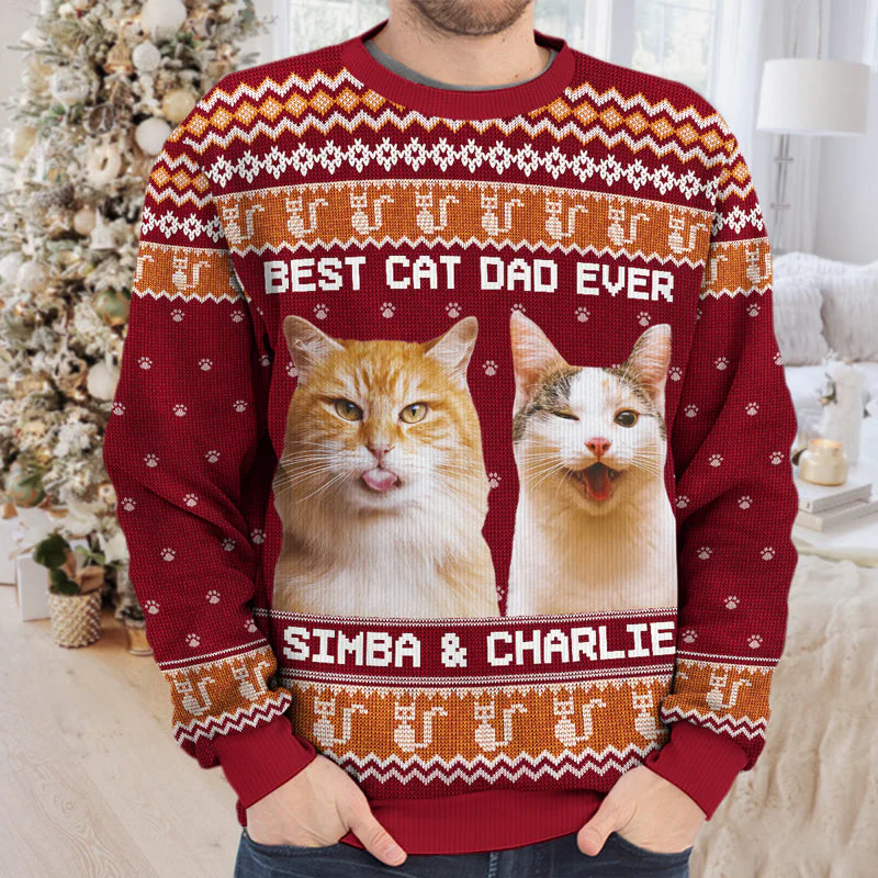 Custom Photo Born To Be A Cat Mom - Personalized Ugly Sweater - Gift For Cat Lover, Cat Mom, Cat Dad - NH96 - Image 2
