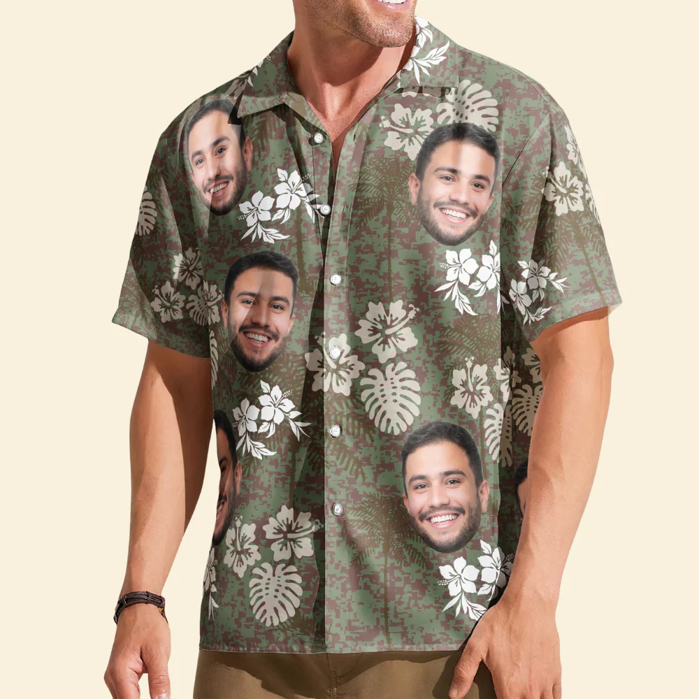 Custom Photo Camo Tropical Beach Pattern Hawaii - Personalized Hawaiian Shirt
