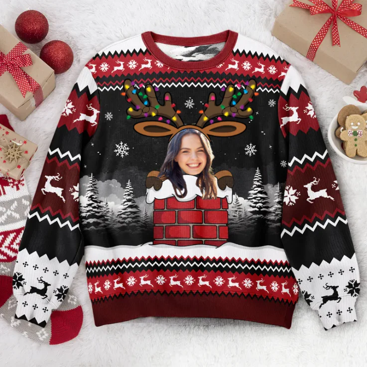 Custom Photo Christmas Reindeer Face- Christmas Gift For Family, Friends - Personalized Ugly Sweatshirt