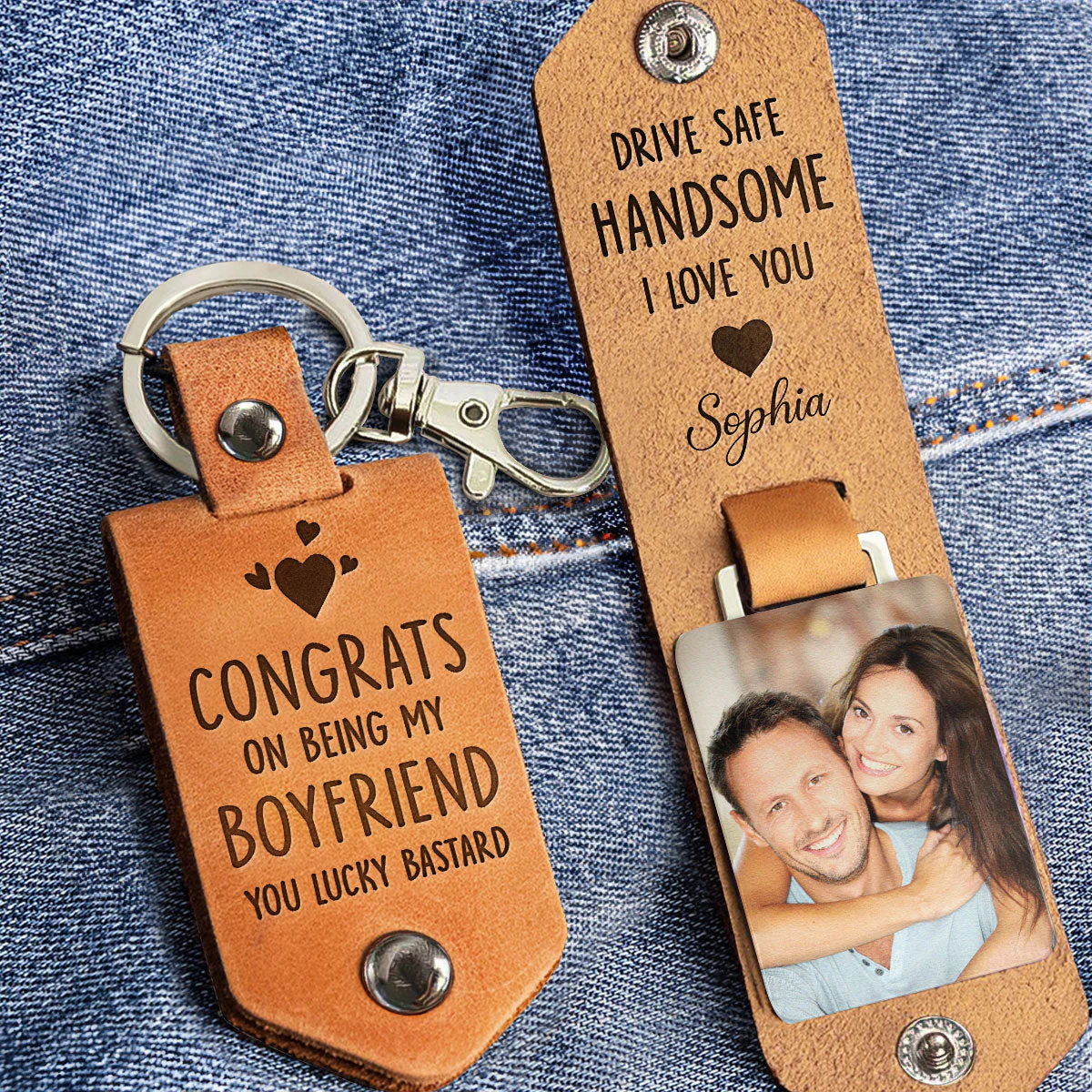 Custom Photo Congrats On Being My Boyfriend - Personalized Leather Photo Keychain - Image 3
