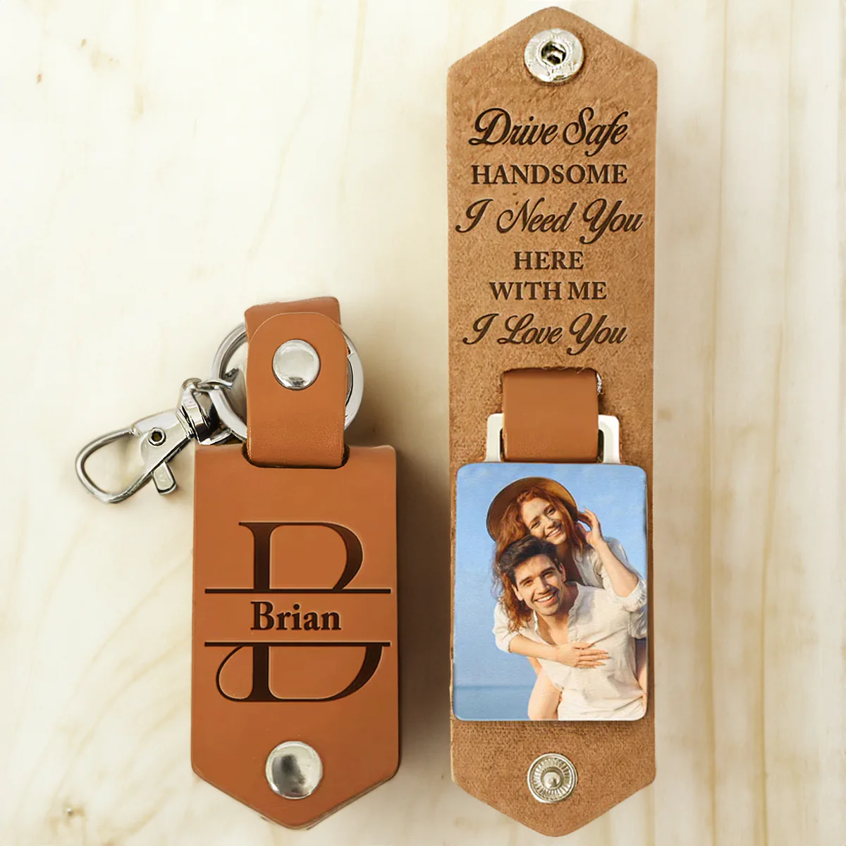 Custom Photo Drive Safe Handsome I Love You - Gift For Husband - Personalized Leather Photo Keychain - Image 3