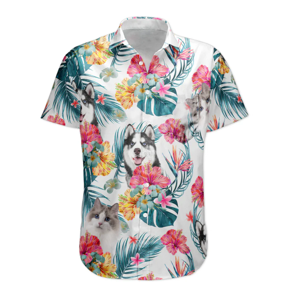 Custom Photo Face Funny Husky Floral - Personalized Hawaiian Shirt - Image 3