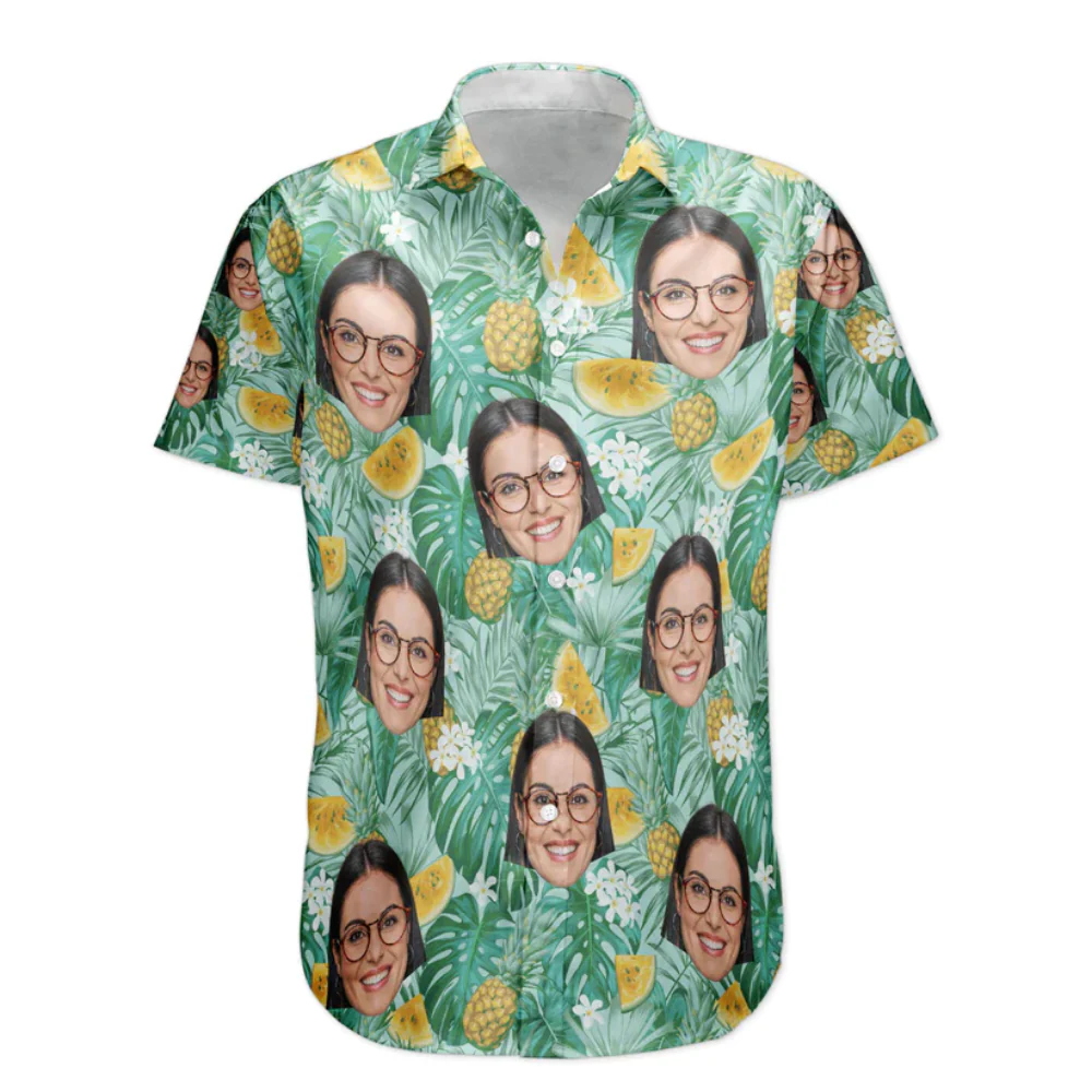 Custom Photo Face With Pineapple Green Tropical - Personalized Hawaiian Shirt - Image 3