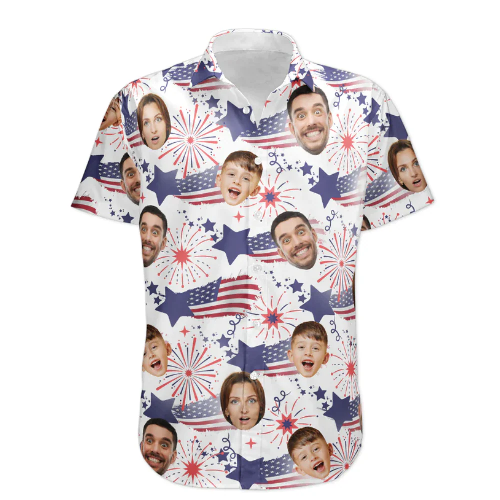 Custom Photo Family Cute Face Independence Day US Flag - Personalized Hawaiian Shirt - Image 3