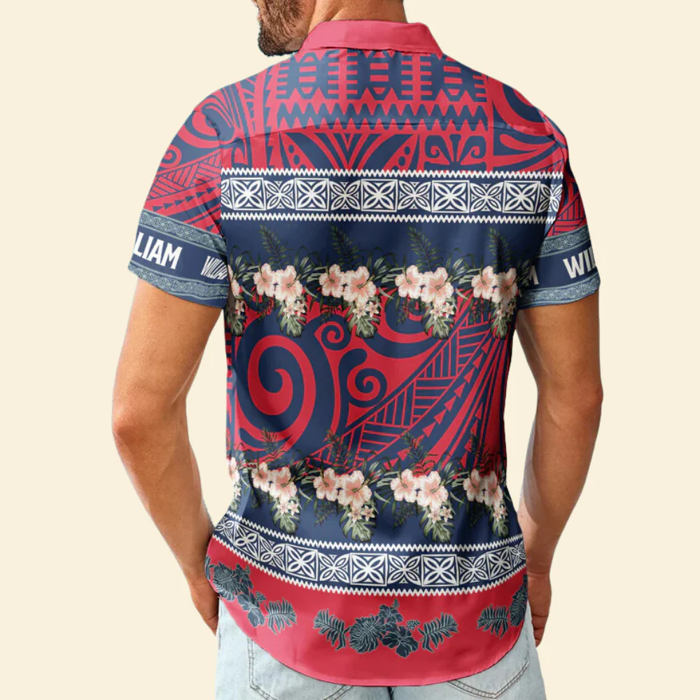 Custom Photo Family Hibiscus Flower Red Blue - Personalized Hawaiian Shirt - Image 2