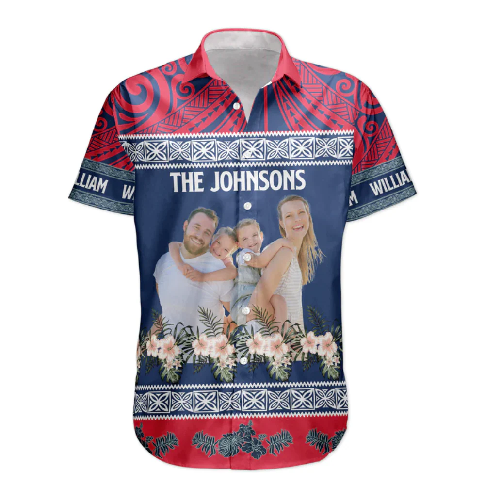 Custom Photo Family Hibiscus Flower Red Blue - Personalized Hawaiian Shirt - Image 3