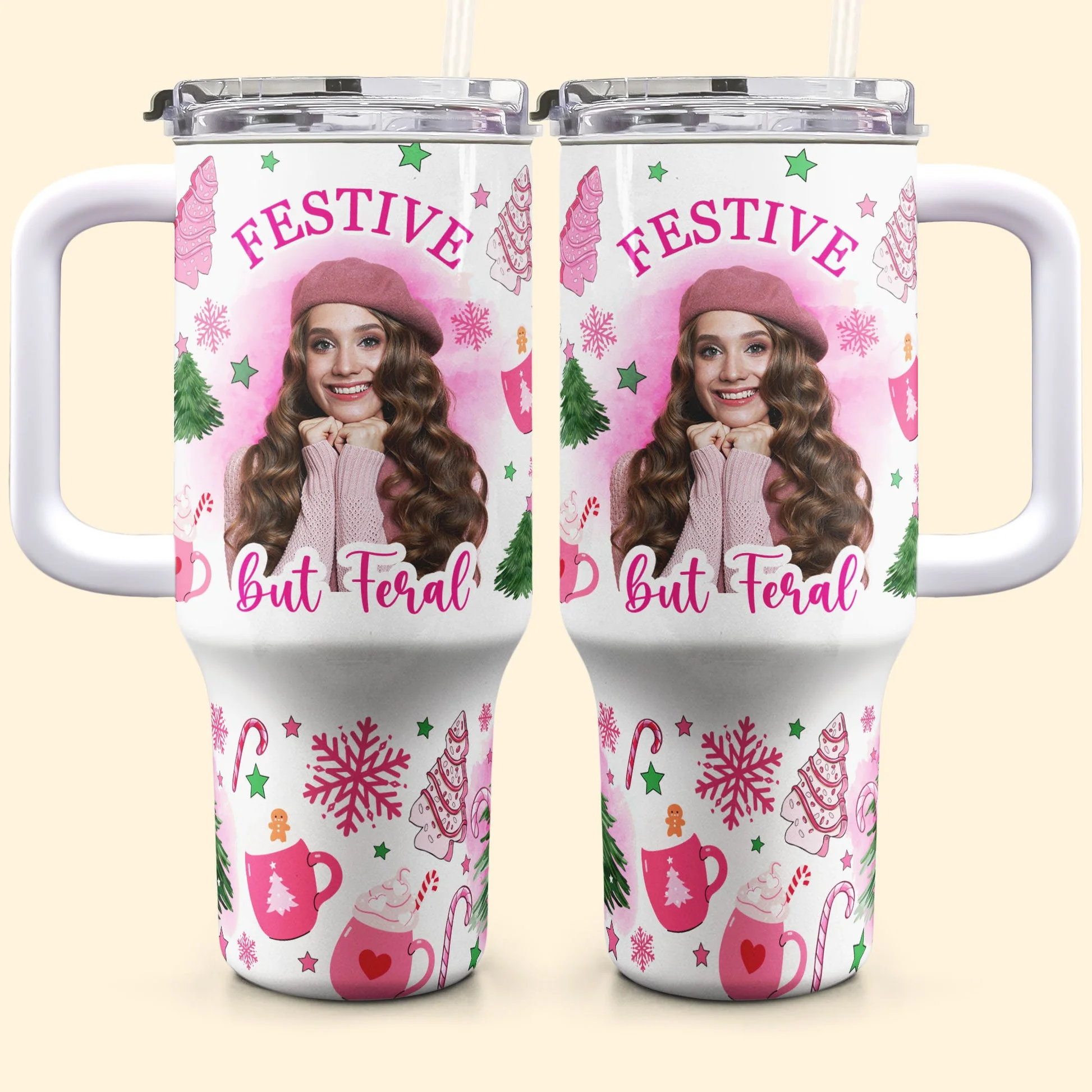 Custom Photo  Festive But Feral - Personalized 40oz Tumbler Cup With Straw - Christmas Gift For Girlfriend, Besties, Mom NA94 - Image 4