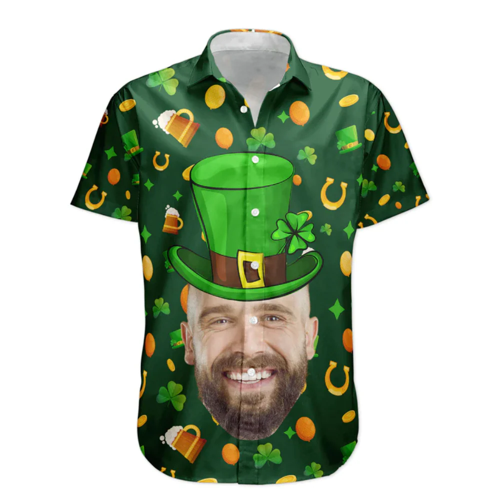 Custom Photo Funny Face Happy St Patrick's Day - Personalized Hawaiian Shirt - Image 2
