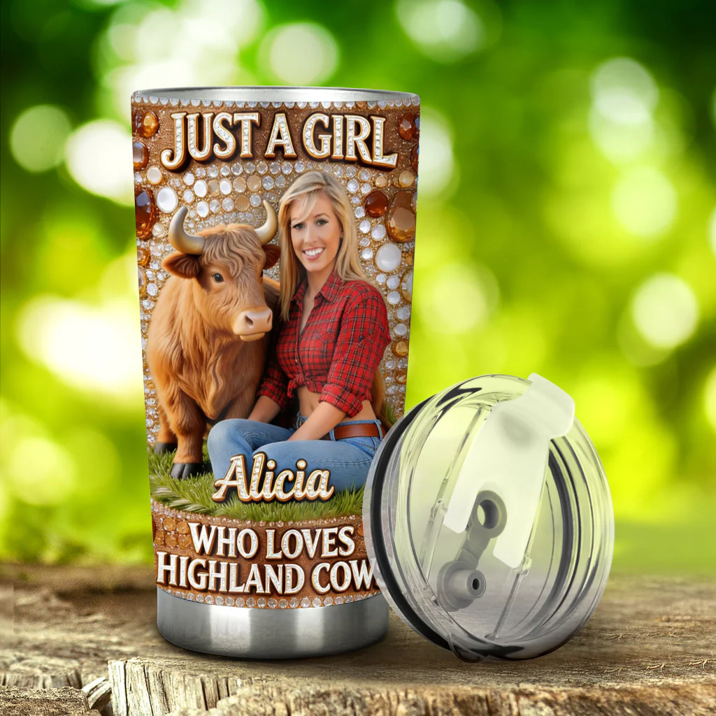 Custom Photo Just A Girl Who Loves Highland Cow - Personalized Tumbler - Gift For Farmers - Image 3