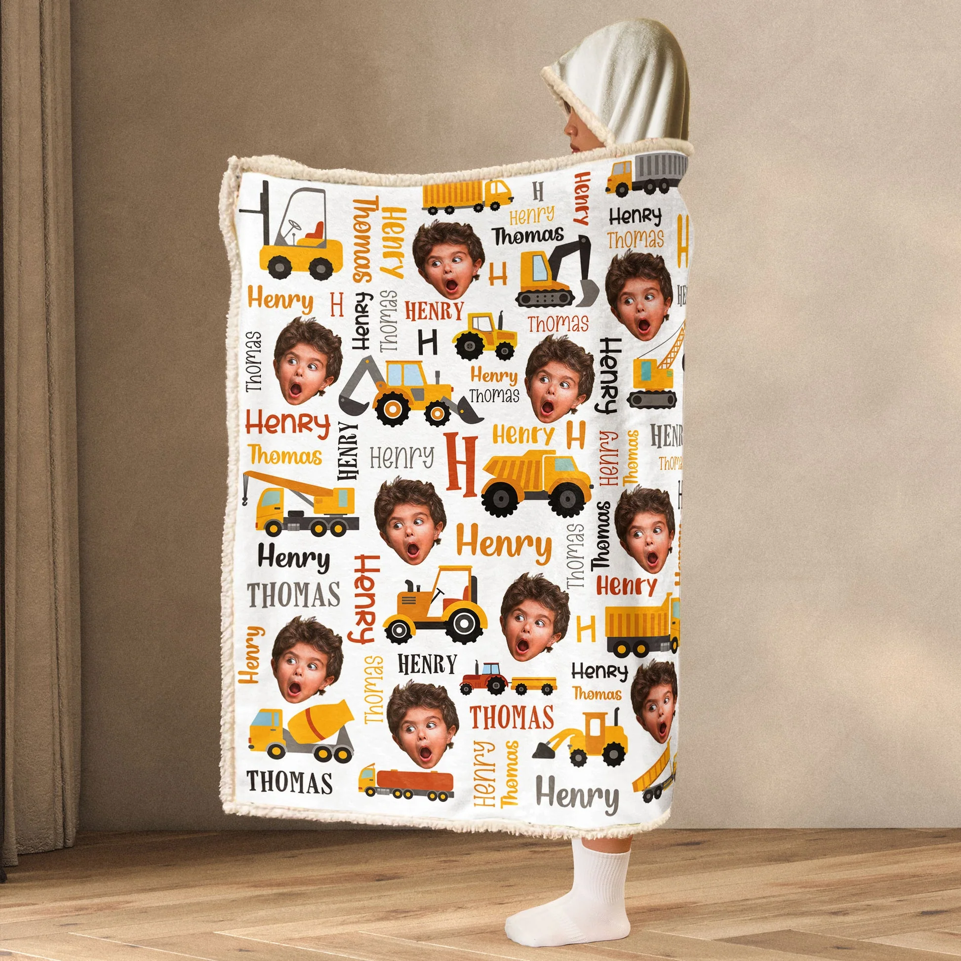 Custom Photo Kid Construction- Personalized Wearable Hooded Blanket - Funny Gift For Kid From Mom, Grandma, Grandmother, Mothers Day NA94 - Image 2