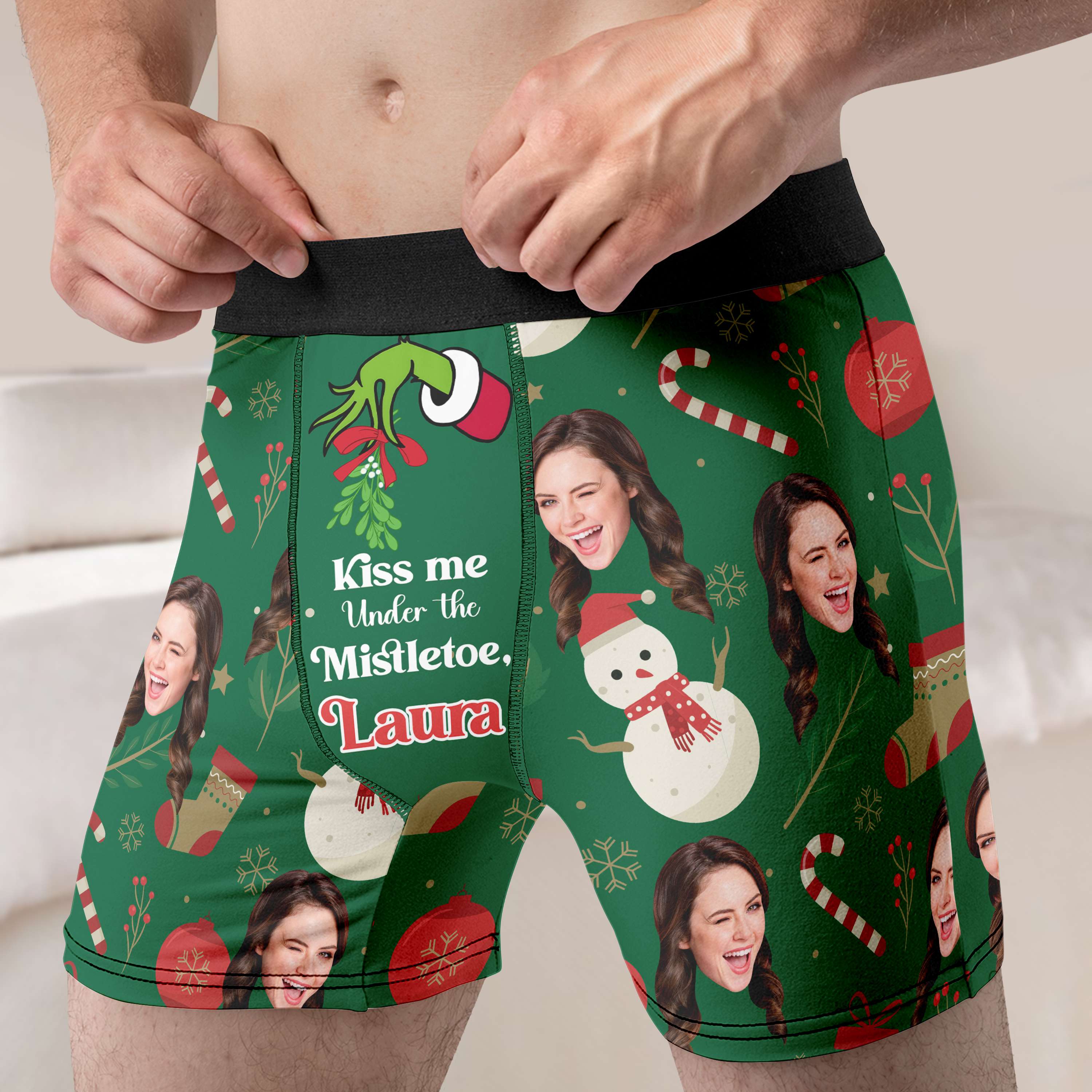 Custom Photo Kiss Me Under The Mistletoe  - Gift For Boyfriend, Husband, Anniversary - Funny Personalized Custom Boxer Briefs, Men's Boxers NH96 - Image 2