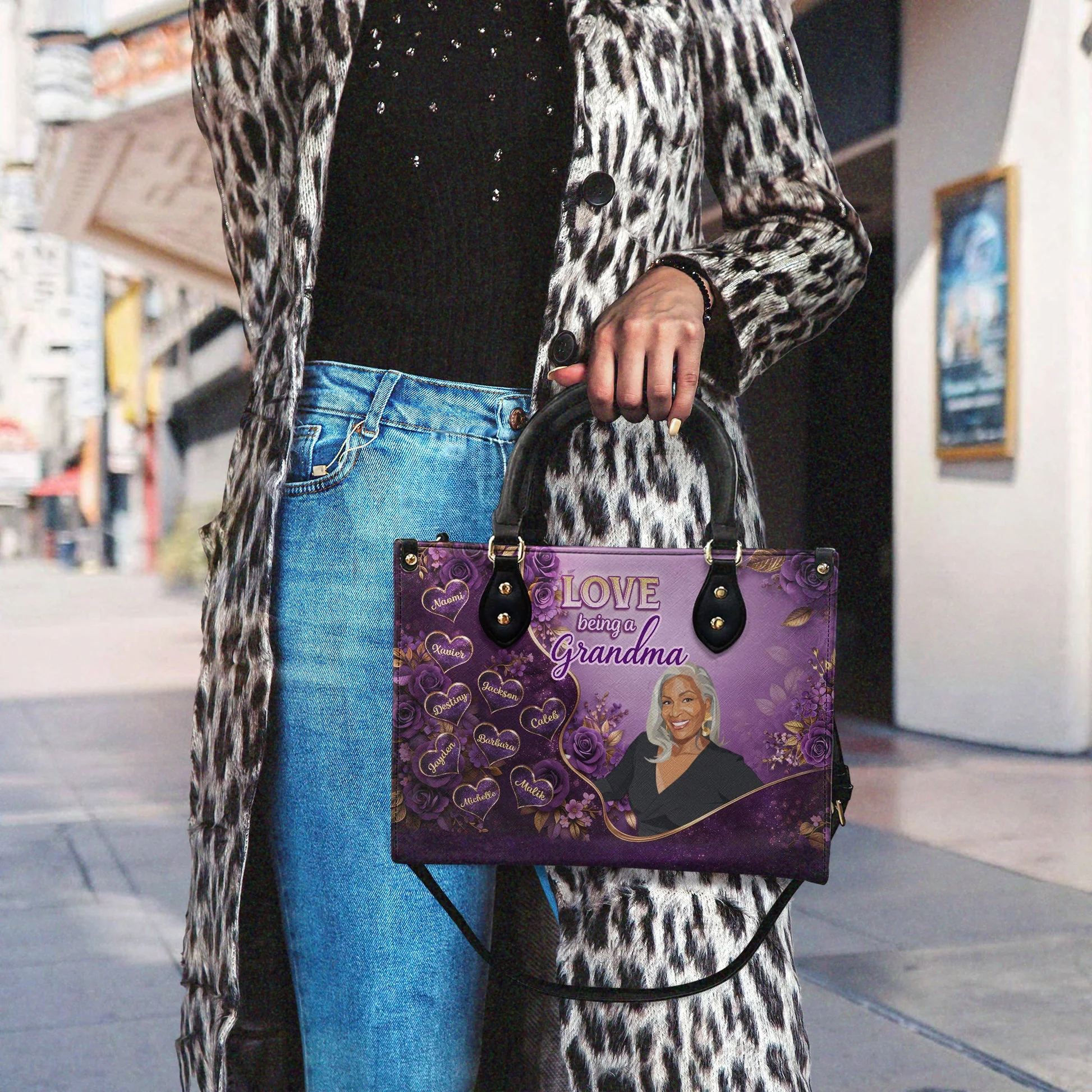 Custom Photo Love Being A Grandma - Personalized Leather Bag - Gift For Mom, Grandma - Image 2