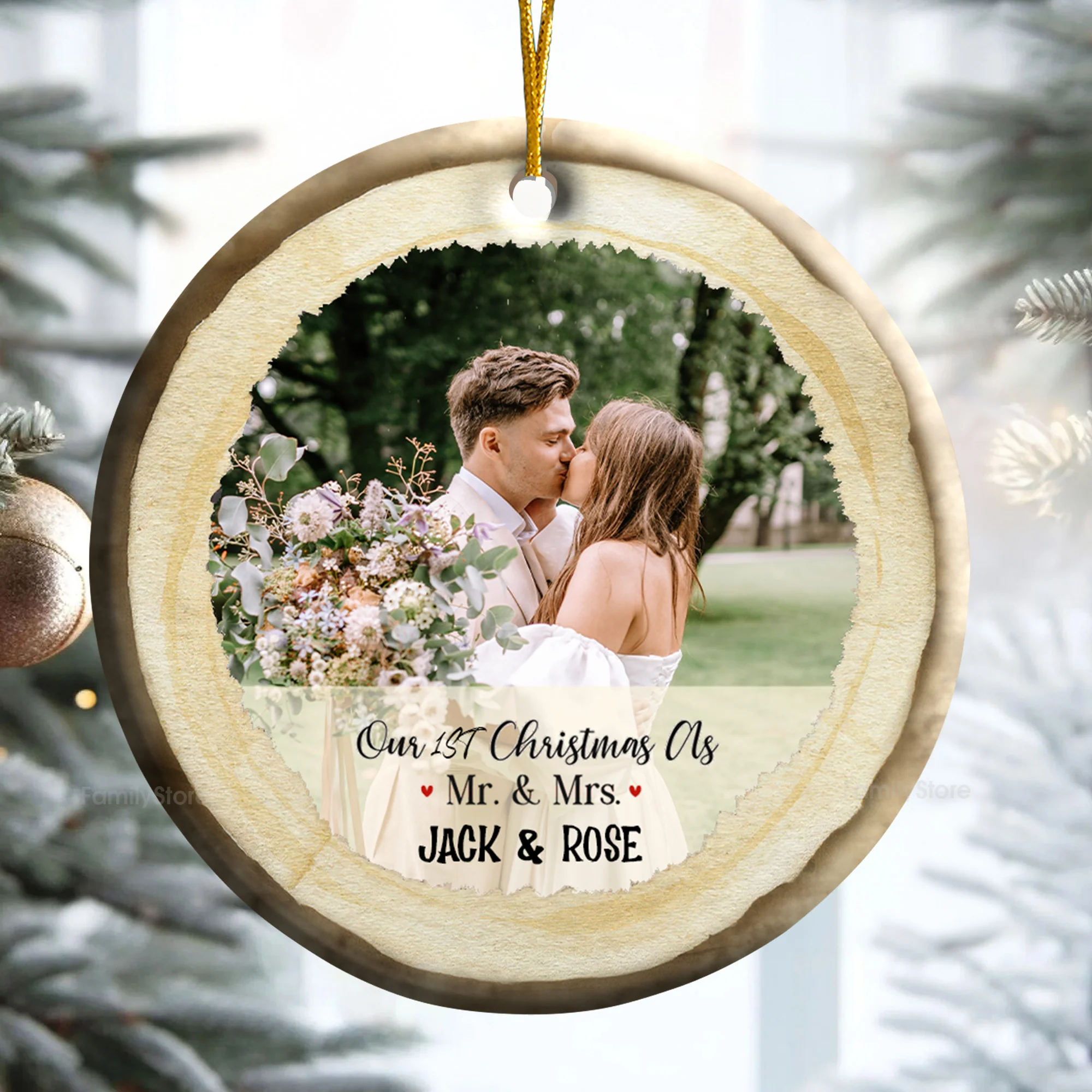 Custom Photo Our First Christmas As Mr & Mrs - Gift for Couples, Wedding - Personalized Ceramic Ornament - Crawl NH96 - Image 2