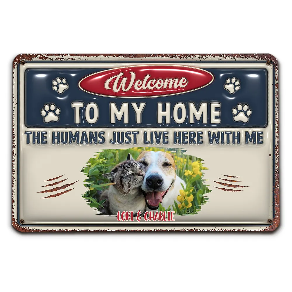 Custom Photo The Human Just Live Here With Me - Personalized 3D Inflated Effect Metal Sign - Gift For Pet Lovers | NA94 - Image 2