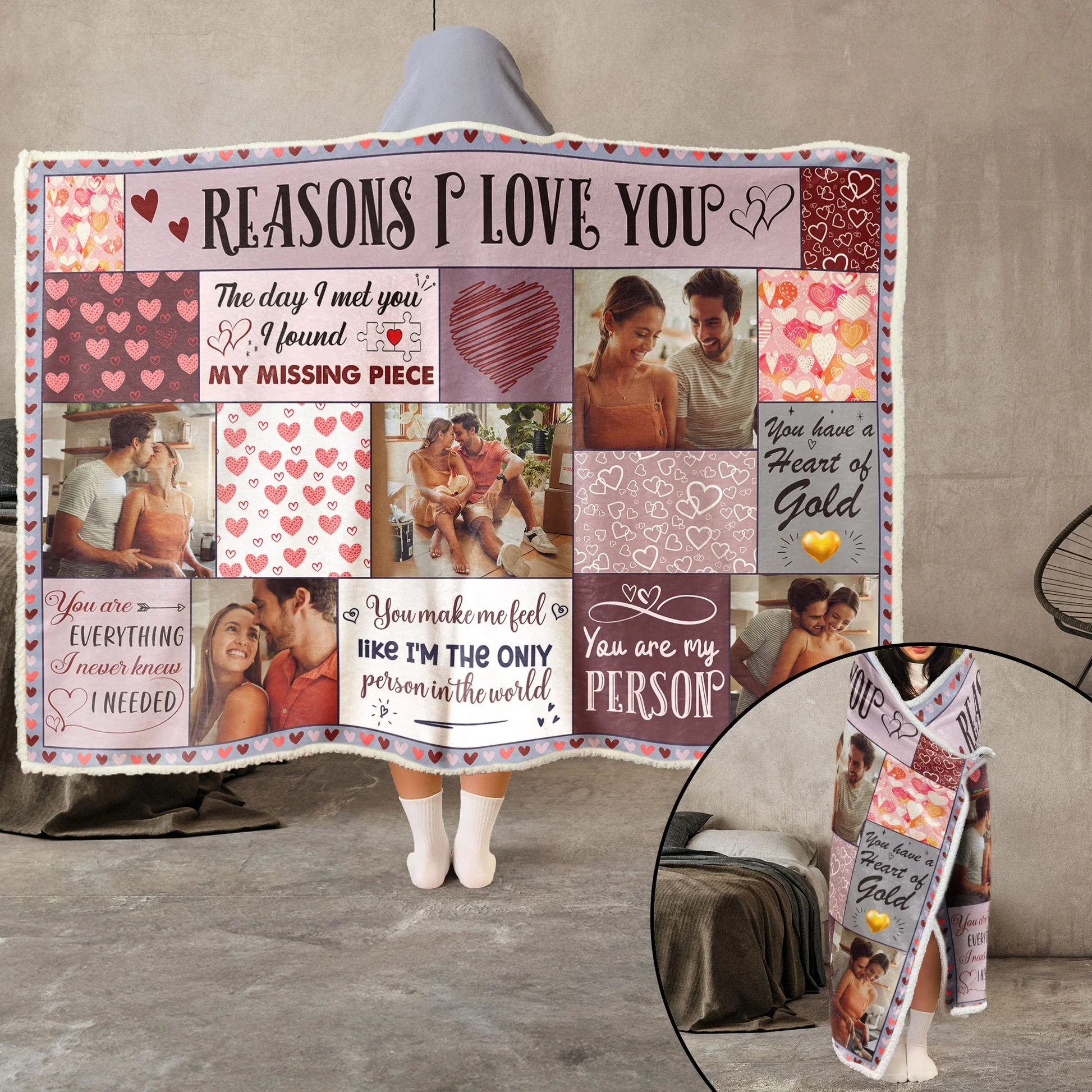 Custom Photo The Reasons I Love You- Personalized Wearable Hooded Blanket - Gift For Couple, Husband Wife, Engagement, Marrige Gift
