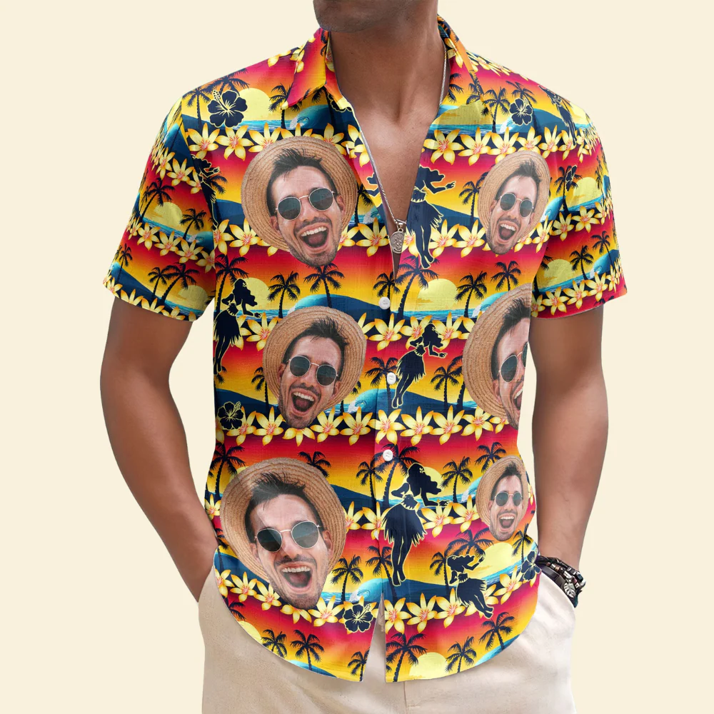 Custom Photo Tropical Beach Sence Hula Dance Sunset - Personalized Hawaiian Shirt